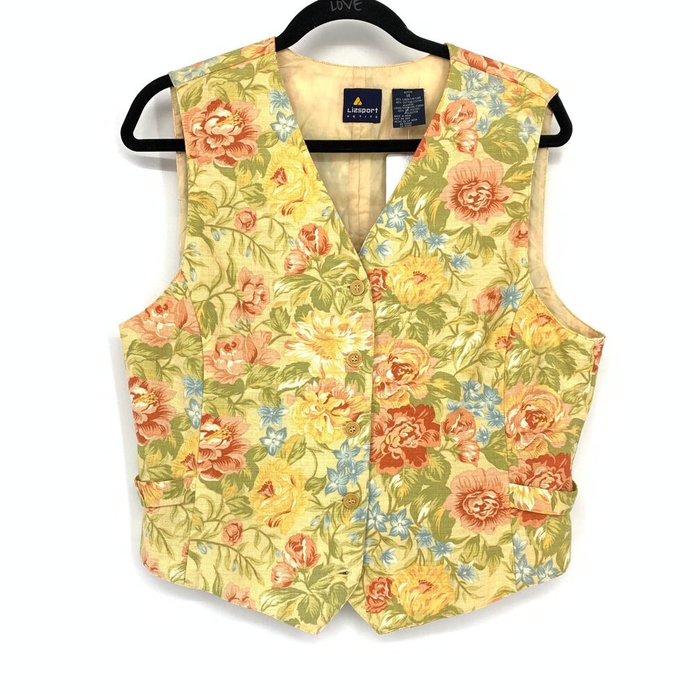 Vintage 90s LizSport Tie Back Vest Womens Sz 14P Multicolor Floral Print Country
